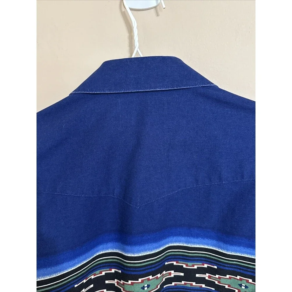 Wrangler Pearl Snap Western Shirt XL Cowboy Rodeo Aztec Southwestern Blue Vtg - Picture 9 of 9